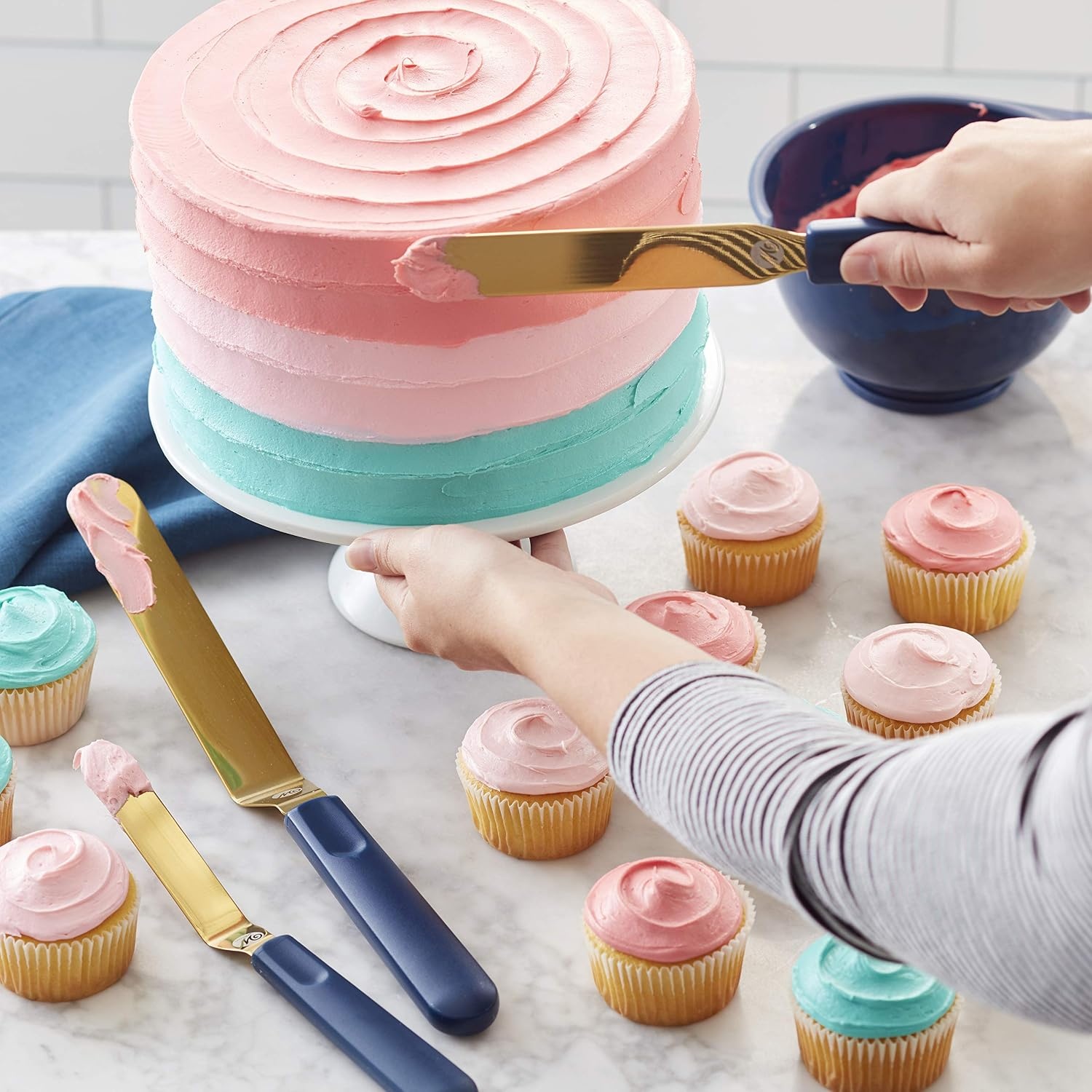 image:imageWilton Navy Blue and Gold Icing Spatula Set Spatula Set for Cake Decorating Frosting and Icing 3Piece Angled Spatula of 9 11 13InchesAssorted