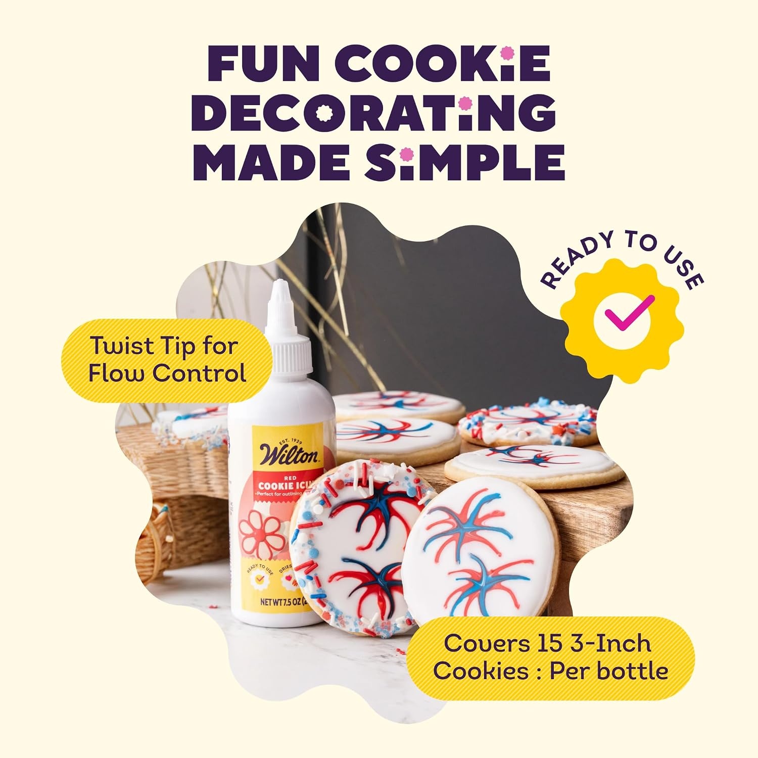 image:imageWilton White Cookie Icing  ReadytoUse PreColored Cookie Icing with Adjustable Flow Tip amp Twist Cap  Dries Hard for Easier Stacking  75 oz Pack of 6Red