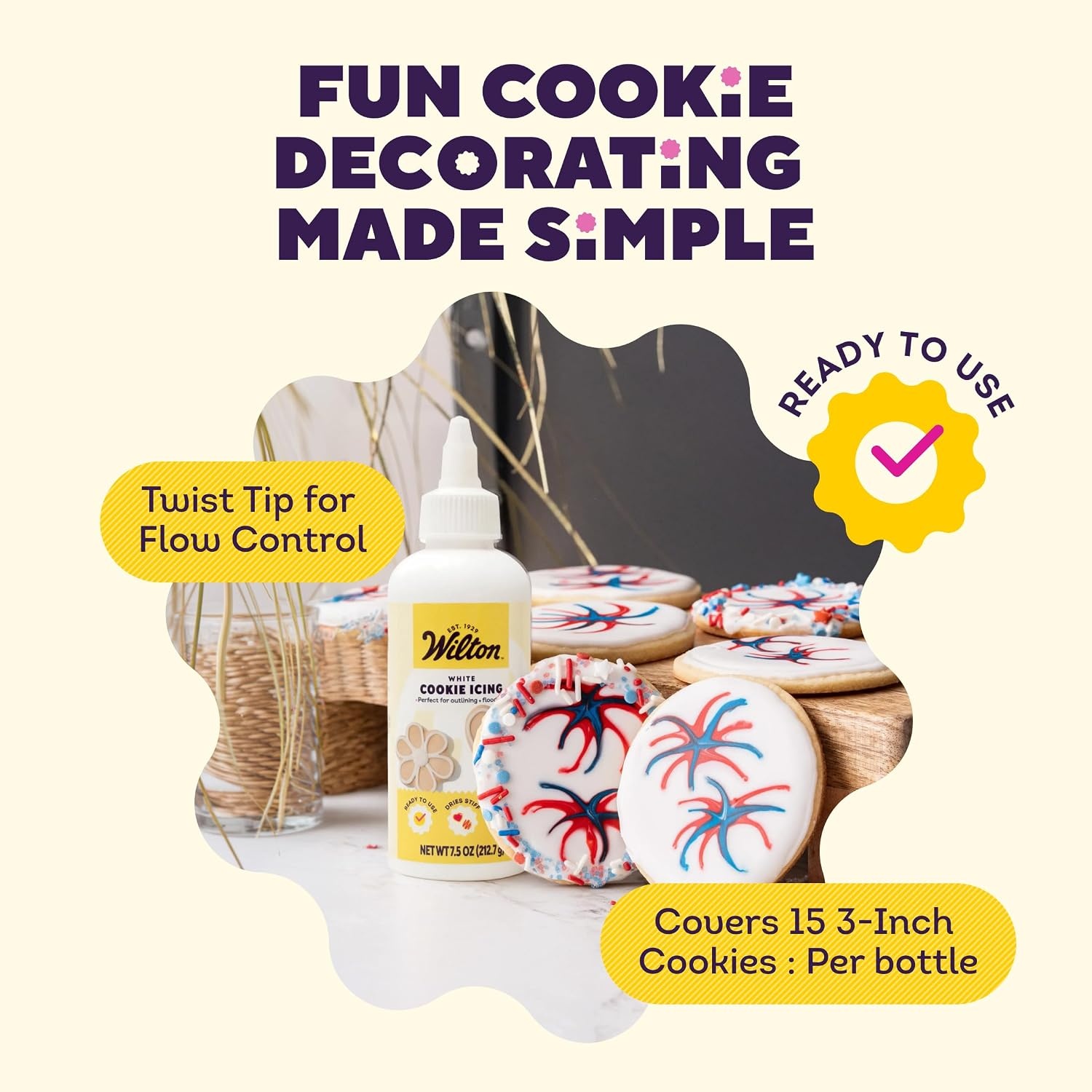 image:imageWilton White Cookie Icing ReadytoUse PreColored Cookie Icing with Adjustable Flow Tip amp Twist Cap Dries Hard for Easier Stacking 75 oz Pack of 6White