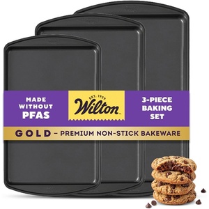 Wilton Gold Non-Stick Bakeware Set – Baking Sheets for Home Baking – Scratch Resistant, Dishwasher Safe & Made Without PFAS – Resists Warping – Features Comfortable Grip Edges – 3-Piece Set